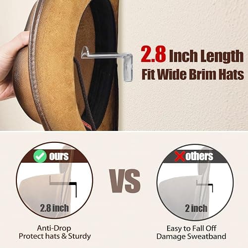 Aoodaily 2.8 Inch Hat Hooks for Wall - (8 Pack) Cowboy Hat Rack, Strong Adhesive Cap Holder, Organizer for Baseball Caps, Western Room Decor - Clear thumbnail 3