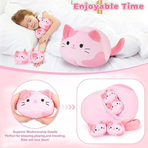 5 PCS Pink Sakura Cat Plush Stuffed Animal Family-19" Soft Pink Sakura Cat Plush, Large Mommy Plushies with 4 Baby Kittens Plushies, Kawaii Plush Toy Christmas Birthday Gifts for Kids Boys Girls thumbnail 7
