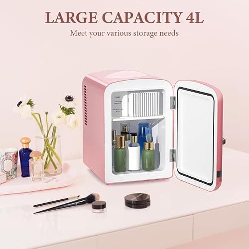 Xbeauty Retro Mini Fridge, Compact Refrigerator with 4L Capacity/6 Cans，Cooler & Warmer, Removable Shelf for Skincare, Beverages, Cosmetics, Perfect for Dorm, Bedroom, Pink thumbnail 3