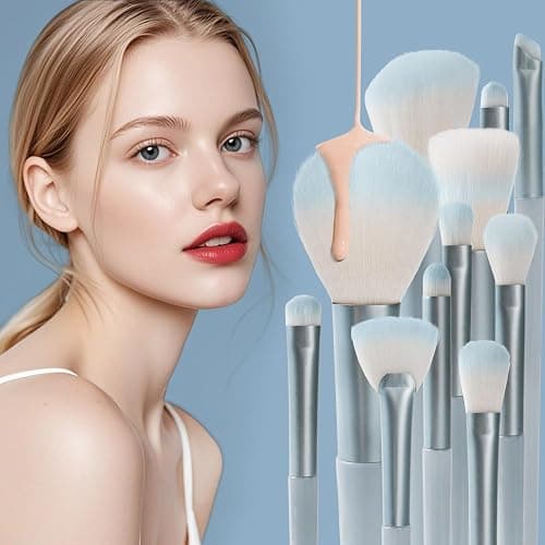 Glamberry Blue Makeup Brushes Set, Professional 12Pcs Makeup Brush Kit, Include Powder Contour Stippling Blending Concealers Blush Eye shadows Eyeliner Eyebrow Fan Brush Set thumbnail 2