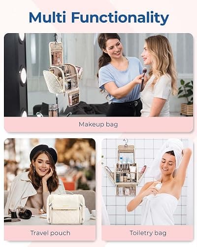 BAGSMART Toiletry Bag Travel Makeup Bag with Hanging Hook, Cosmetic Bag Make Organizer Case, Large Capacity Water-resistant Organizer for Toiletries Accessories Brushes Sponge, Beige - Beige - Large thumbnail 4