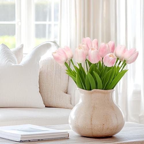 ucky 20 Pcs Light Pink Artificial Tulip Silk Fake Flowers Realistic Touch Spring Summer Fake Flowers for Home Decor Outdoor Garden Parties and Wedding thumbnail 7