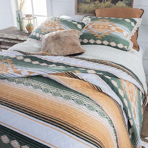 Rod's Zuma (Quilt Set) Southwest Aztec Ruffle - Deep Green, Sage, Tan, Sand, Gold and White - 3 Piece Bedding Set - (1) Full/Queen Quilt (90x90in) and (2) Standard Shams (20x26in) thumbnail 3