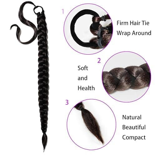 2 Packs Pink and Purple Long Braided Ponytail Extension For Black Women Soft Synthetic Hair Piece For Women with Hair Tie Straight Wrap Around Ponytail Braided Hair Extensions pre Stretched 30 Inch thumbnail 3