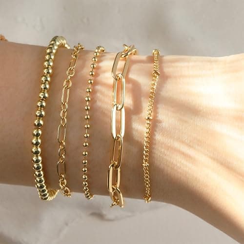 DEARMAY Waterproof Gold Plated Bracelets Set for Women Trendy, Dainty 14K Gold Jewelry Fashion Stackable Tennis Beaded Figaro Herringbone Paperclip Link Bracelet Pack Stack Gifts for Women thumbnail 3