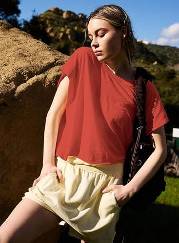 Kumufenc Women Short Sleeve Workout Shirts Open Back Tops Casual Yoga Y2k Athletic Gym Slouchy Crop Running Tees thumbnail 6