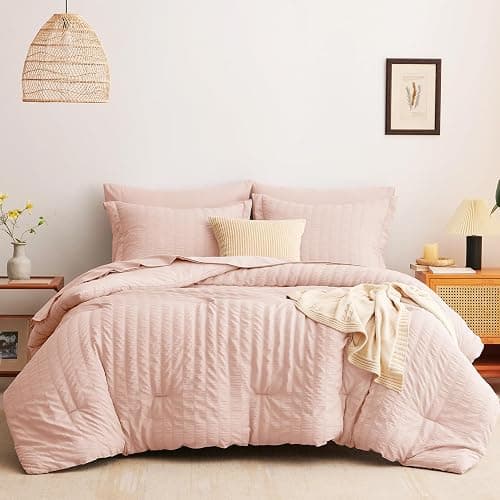 CozyLux King Size Comforter Set Blush Pink Seersucker 7 Pieces Bed in a Bag King Comforter Set with Sheets, Luxury Bedding Set with Down Alternative Comforter, Sheets, Pillowcases & Shams All Seasons thumbnail 8
