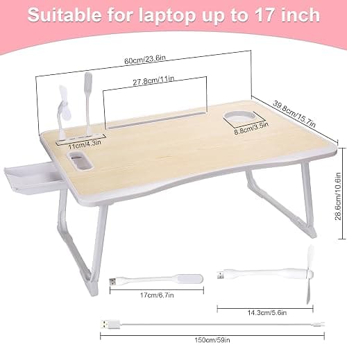 Laptop Bed Table, Laptop Desk for Bed, Foldable Laptop Bed Desk with USB Charge Port, Handle, Desktop Card Slot, Cup Slot, Side Drawer, Portable Laptop Table for Bed Eating Reading Working thumbnail 2