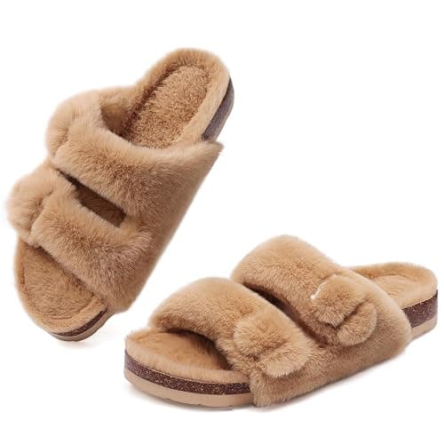 KIDMI Fuzzy Slippers Women with Cork Footbed Fluffy Slides Open Toe Indoor House Shoes | Arch Support | Adjustable Buckles - Image 1