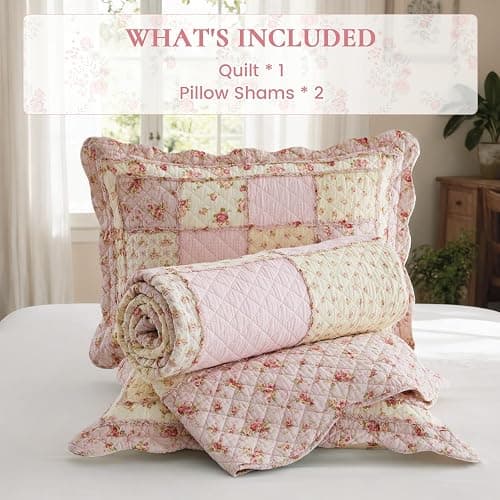 Cozyholy Queen Size Quilt Set 3-Piece, 100% Cotton Patchwork Quilt, Pink Floral Reversible Shabby Chic Bedding Bedspread for All Season, Soft Quilted Blanket with 2 Pillow Shams Machine Washable thumbnail 7
