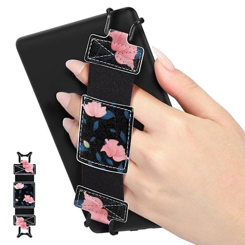 MoKo Soft Hand Strap for 6-8" Kindle eReaders Fire Tablet Kindle/Kobo/Voyaga/Lenovo/Sony Kindle E-Book Tablet, Black High-Elasticity Versatile Hand Strap Lightweight Finger Grip Holder, Black & Pink - Image 1