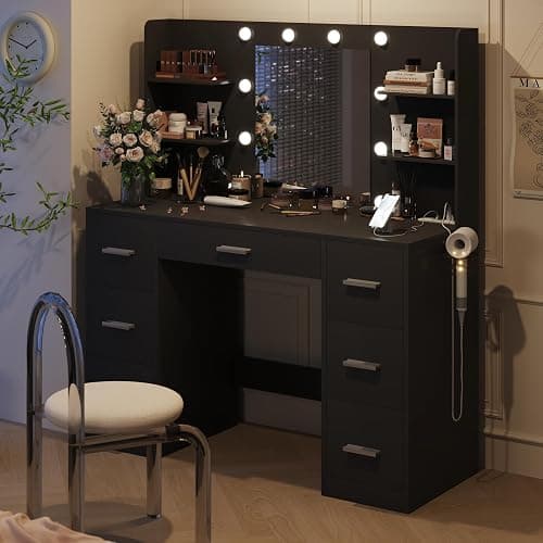 YESHOMY Vanity Desk with Mirror, Power Outlet and 10 Lights, Makeup Table with 7 Drawers, 3 Color Modes Available for Bedroom, Pure Black thumbnail 8