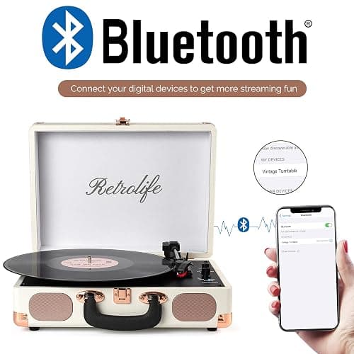 Retrolife® Record Player,3-Speed Bluetooth Suitcase Vinyl Player-White | Built-in Stereo Speakers, Portable Turntable Plays 7/10/12" Records, 33/45/78 RPM, Bluetooth Streaming, RCA/Headphone Jack thumbnail 2