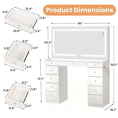 Pamapic Glass Top Vanity Desk with Crystal Handles and 11 Drawers, Makeup Vanity with Mirror and Lights, 3 Lighting Modes Dressing Table, Power Outlet, Silent Slides, White thumbnail 2