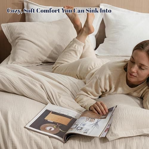 PHF Cotton Muslin Comforter Set King – 100% Cotton Cover, Ultra Soft & Breathable, 3PCS Lightweight All-Season Bedding with Polyester Fill, 1 Comforter 104"x90" & 2 Pillow Shams 20"x36", Natural thumbnail 2
