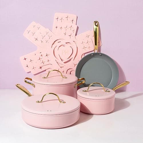 Paris Hilton Iconic Nonstick Pots and Pans Set, Multi-layer Nonstick Coating, Matching Lids With Gold Handles, Made without PFOA, Dishwasher Safe Cookware Set, 10-Piece, Pink thumbnail 10
