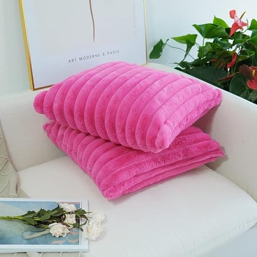 JOJUSIS Pack of 2 Faux Fur Plush Decorative Throw Pillow Covers Couch Cushion Case Soft Pillowcases (Hot Pink, 18 x 18-Inch) thumbnail 4