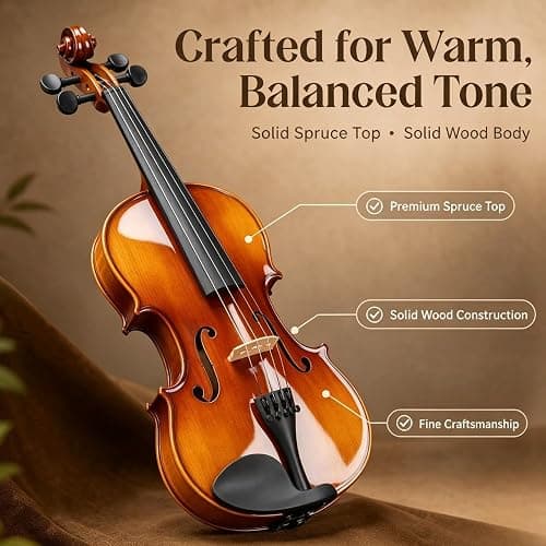 GODECOR Violin 4/4 Full Set for Beginners, Solid Spruce, Natural Matte | Fiddle with 5 Colors of Fingering Tape, Hard Case, Bow, Rosin, Tuner, Four Extra Strings, Two Bridges, Shoulder Rest thumbnail 2