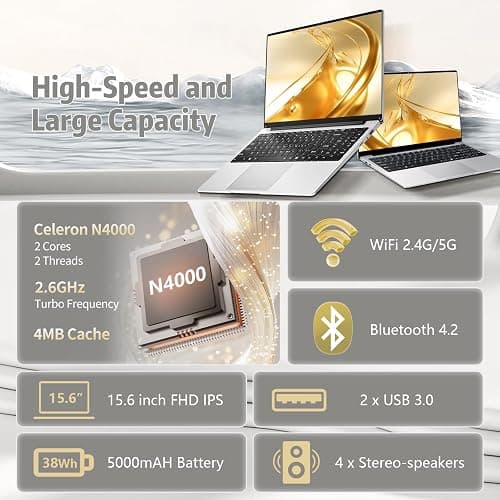 15.6 inch Laptop, Laptops with Celeron N4000, 2025 Gaming Laptop for 8GB LPDDR4 256GB SSD, IPS FHD 1920x1080, WiFi+BT4.2+Mini HDMI+TF Card Slot, Traditional Laptops Computers Convertible 180° Netbook thumbnail 3