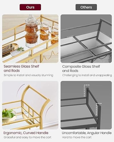 VASAGLE Bar Cart Gold, Home Bar Serving Cart, Wine Cart with 2 Mirrored Shelves, Wine Holders, Glass Holders, for Kitchen, Dining Room, Gold ULRC090A03 thumbnail 7