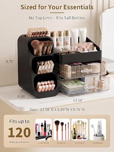 Booklov Makeup Organizer for Vanity, Large Capacity Cosmetic Display Case with Drawers, Countertop Beauty Storage Holder for Skincare, Brush Eyeliner Perfume Eyeshadow Lipsticks, Counter Desk, Black thumbnail 3
