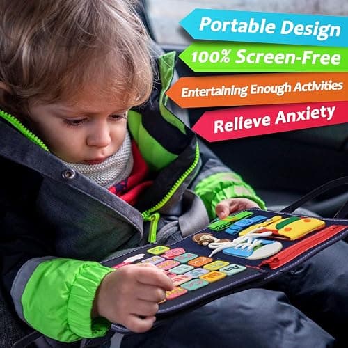 Qizfun Montessori Busy Board & Busy Book for Toddlers – Sensory & Learning Toy That Keeps Kids Busy, Travel Toy for Airplane & Car, Screen for Boys & Girls (Blue/P4) thumbnail 5