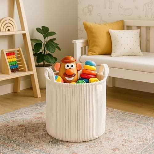 PUTSKA Blanket Basket – Round Storage for Toys and Blankets, Clothes, Stuffed Animals – Soft Baby Girl Basket for Nursery, Kids Room, Bedroom, Living Room – Large, Cream thumbnail 5