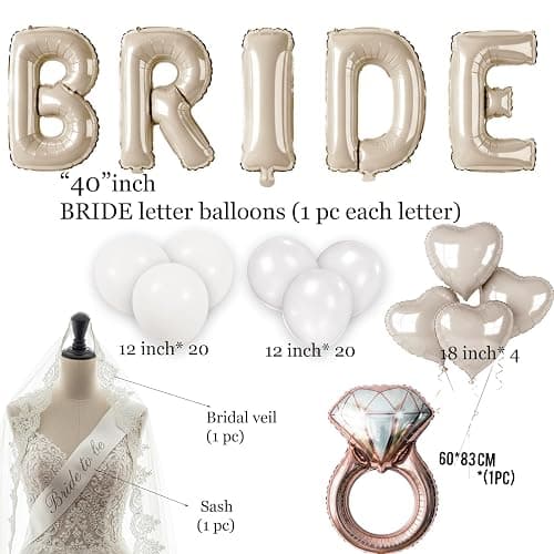 Cream White Bridal Shower party decorations with huge 40 Inch BRIDE letter Pearl Balloons BRIDE to be Sash Bridal Veil and Diamond Ring Heart shape Balloons For Bachelorette party Wedding supplies thumbnail 5