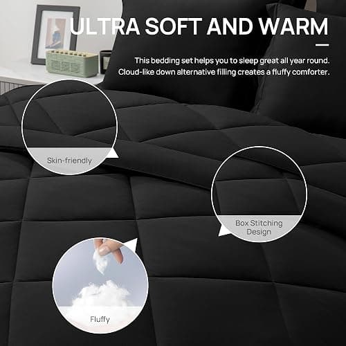 Love's cabin Twin Comforter Set Black, 5 Pieces Twin Bed in a Bag, All Season Bedding Sets with 1 Comforter, 1 Flat Sheet, 1 Fitted Sheet, 1 Pillowcase and 1 Pillow Sham thumbnail 7