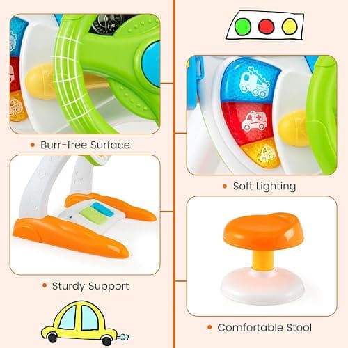 Freestanding Electronic Steering Wheel Driving Simulator Toy With Pedals And Stool, Lights and Sounds Activity Toy for Kids thumbnail 5