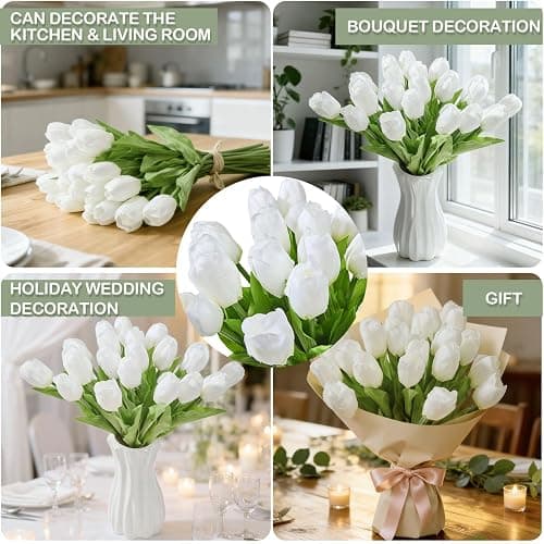 WFYTHMFLS Artificial Flowers Mother's Day Easter Valentine's Day Gifts, Artificial Flowers Fake Tulips Flowers Home Kitchen Wedding Table Decorations a Bunch of 20 White Tulips thumbnail 4