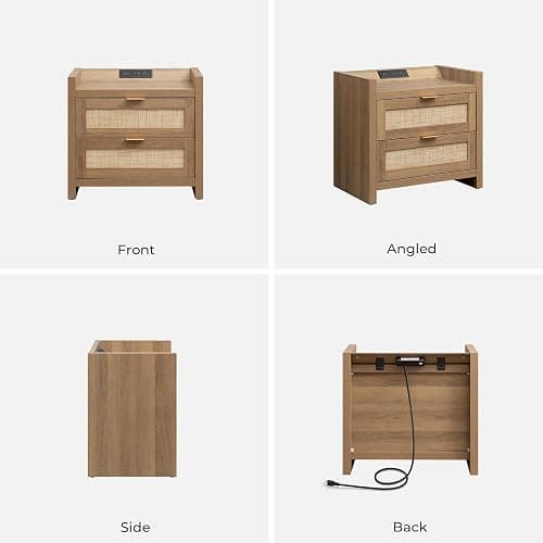 SICOTAS Night Stand Set of 2 - Rattan Nightstands with Type-C Charging Station, 2 Rattan Drawers - Boho Bed Side Tables End Table for Small Space - Natural Oak thumbnail 9