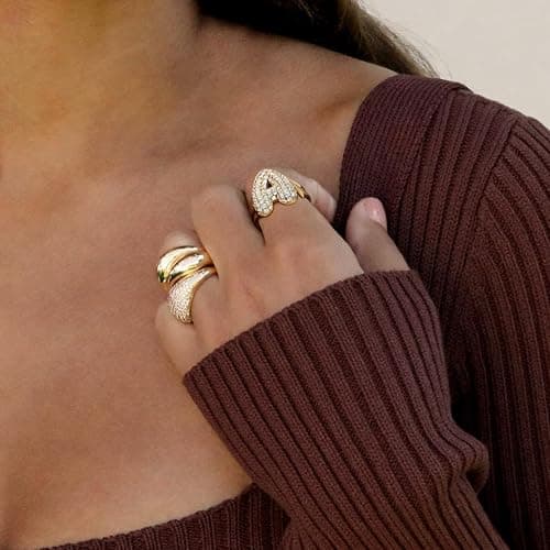 KissYan Bubble Initial Ring for Women, 14k Gold Plate Balloon Jumbo Letter Rings Open Adjustable Dainty Pave CZ Personalized Fashion Trendy Statement Jewelry Gift thumbnail 4