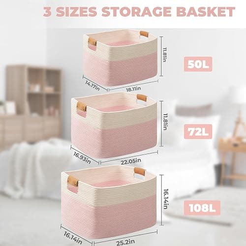 danpinera Large Woven Basket 25’’*16’’*16’’ Rectangle Woven Baskets for Storage, Storage for Living Room, Soft Cotton Rope Basket With Handle, Large Basket for Kids Dog Toys, 108L Pink+White thumbnail 2
