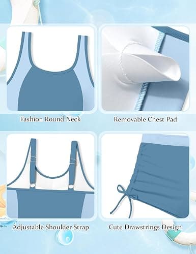 HOTOME Girls Swimsuit Two Piece Color Block Adjustable Strap Tankini Sets with Drawstring Shorts Bathing Suit for Girls 9-16Y thumbnail 6