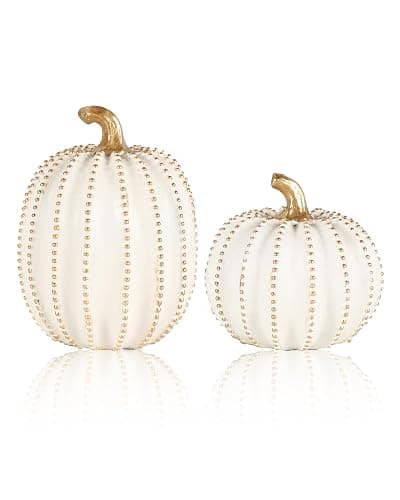GoGnome Set of 2 White & Gold Decorative Pumpkins – Resin Fall Harvest Table Centerpiece, Elegant Autumn Décor for Thanksgiving Decoration Farmhouse Home (White) - Image 1