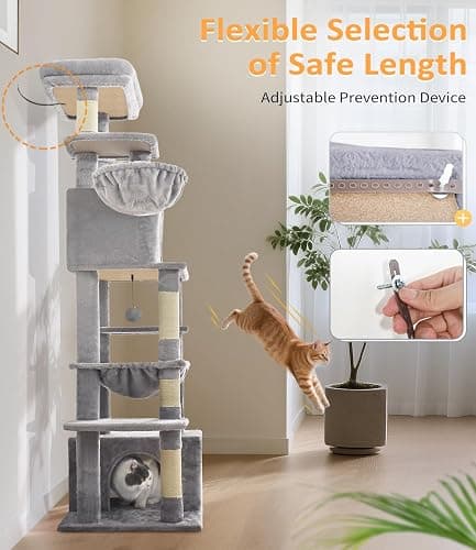ABCPET Cat Tree Large Cat Tower Tree 68" Multi-Level Cat Tower for Indoor Cats with Sisal Scratching Posts, Widen Cat Perche, Square Hammock, 2 Widen Condos, Scratching Posts, Light Grey thumbnail 7