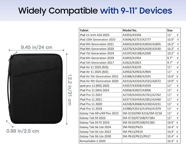 TiMOVO 9-11" Tablet Sleeve for iPad A16 & Galaxy Tab, Black | Protective Bag with Pockets, Fits iPad 10.9"/10.2" Air 11" 5th/4th Gen, Galaxy Tab A9+/A11+ 11" thumbnail 2