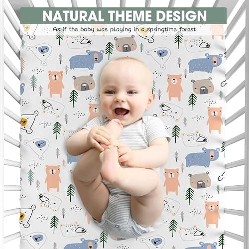 Bimocosy Crib Sheets Fitted for Boys Girls 4 Pack, Baby Crib Mattress Sheets, Super Warm Bed Sheets, Size 28"x 52" for Standard Crib and Toddler Mattresses, Super Soft and Breathable Microfiber Leaf - Leaf/Bear/Gray/Green thumbnail 6