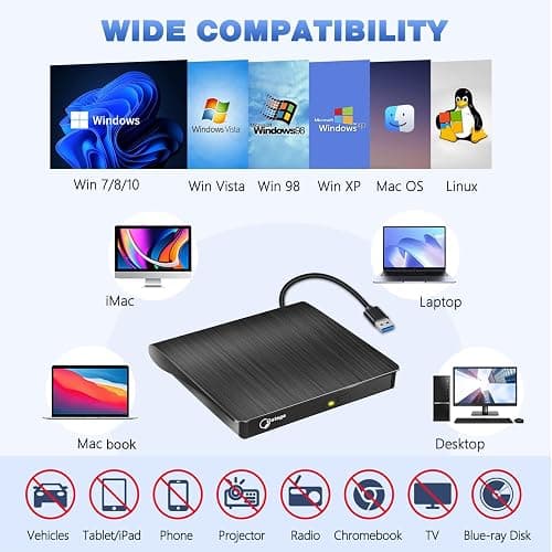 Gotega External DVD Drive, USB 3.0 Portable +/-RW, DVD Player for CD ROM Burner Compatible with Laptop Desktop PC Windows Linux OS Apple Mac Black thumbnail 4