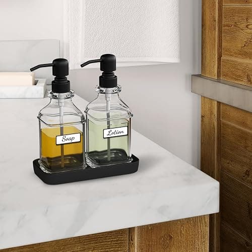 LMQML Soap Dispenser - 2 Pack, Antique Design Thick Glass Hand Soap Dispensers with Sturdy Tray; 304 Rust Proof Stainless Steel Black Pump, 12Pcs Stickers, for Kitchen, Bathroom thumbnail 8