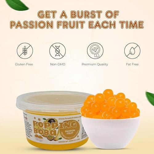 Fanale Passion Fruit Popping Boba Pearls, Vegan, Non GMO, Gluten Free, Fat Free, Perfect for Bubble Tea, Smoothies, Ice Cream, Desserts, and Beverages. thumbnail 4