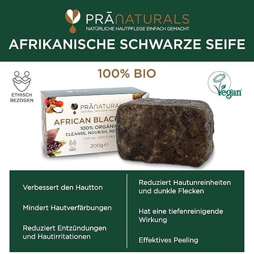 PraNaturals Organisch Afrikanische Schwarze Seife 200g, Vegan Kosmetik, Für Alle Hauttypen, Handgefertigt Im Tropischen Ghana (1x200g) thumbnail 4