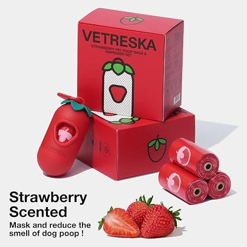 VETRESKA Dog Poop Bag Dispenser with Strawberry Scented Bags, Leak Proof, Extra Thick and Large Pet Waste Bags,1 Count Bag Holder and 405 Bags (27 Refill Rolls) for Walking Dog and Cats Litter, Red thumbnail 3
