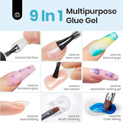 Beetles 9 in 1 Gel Nail Glue for Acrylic Nails Tips, 2 Pcs 10ml Super Strong Nail Glue for Clear False Nails Tips Base Coat Rhinestones Blooming Art Summer Nails Long Lasting U V Light Cure thumbnail 4