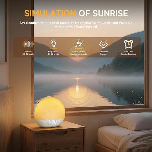Geuuap Sunrise Alarm Clock White Noise Sound Machine for Bedroom | Natural Wake-Up Light with 30 Soothing Sleep Aids, Bluetooth Speaker, Dimmable Clock, Screen-Free Design for Baby Adults Kids-White thumbnail 3