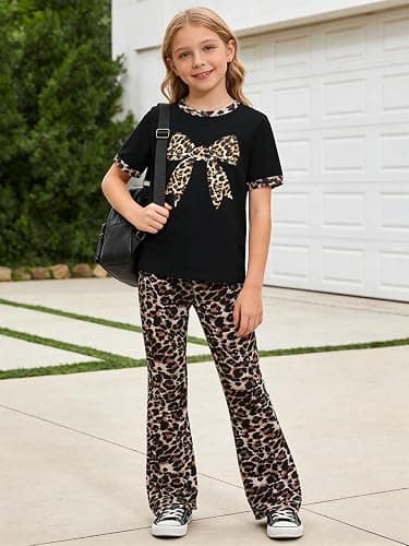 HSOXLQF Tween Girls Clothes 2 Piece Outfits Bow Short Sleeve Tops and Leopard Print Flare Pants Summer Set thumbnail 4