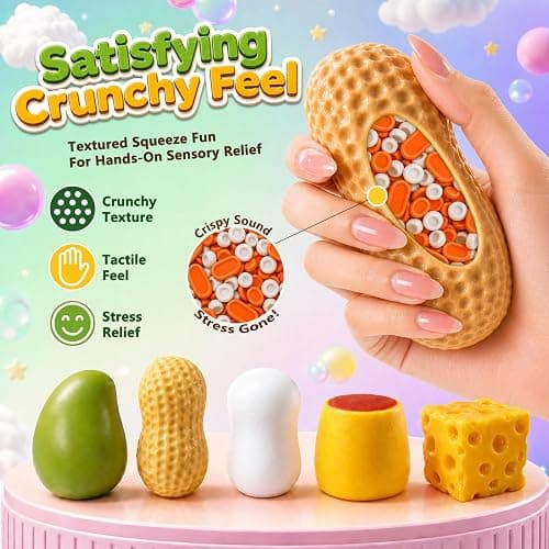 Tosgbv 5 Pack Crunchy Squishy Stress Ball, Peanut Soap Pudding Mango & Cheese ASMR Fidget, Sensory Squeeze Toy with Premium Box, Party Favors & Gifts thumbnail 4