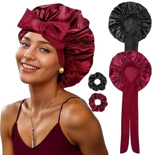 PAEFIU 2 Stück Seidenhaube zum Schlafen, Weiche Satin Haarhaube mit 2 Scrunchies Schlafhaube Bonnet Sleep Cap Schlafmütze für Damen Mädchen - Image 1