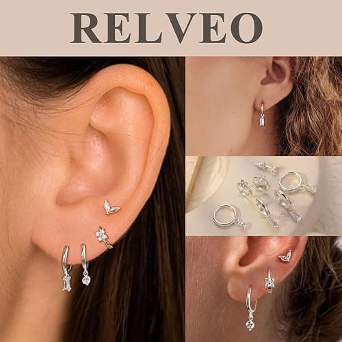 Relveo Dainty Silver Earrings for Women 14k Gold Plated Lightweight Hoop Earrings Set for Women Trendy Small Silver Hoop Huggie Jewelry thumbnail 6